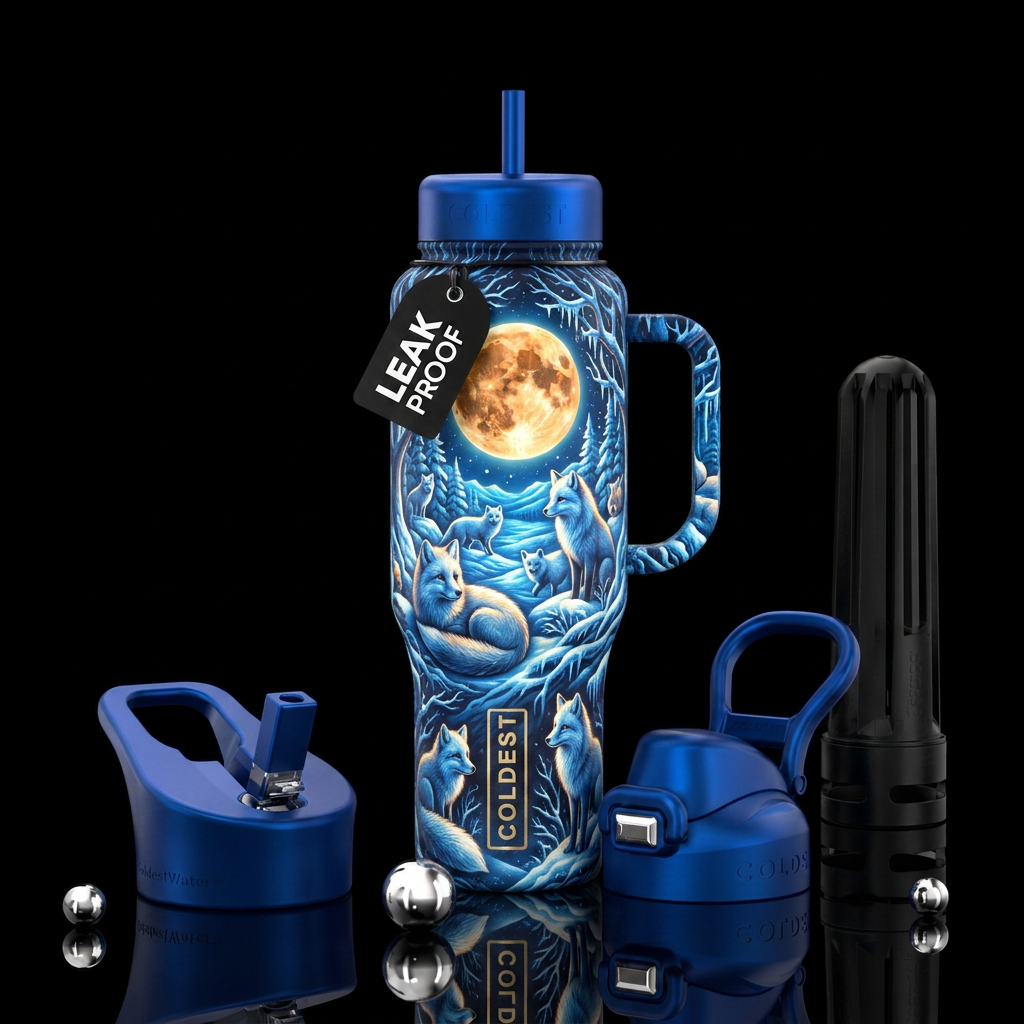 Arctic fox, harvest moon, beautiul, glowie, electr... water bottle design