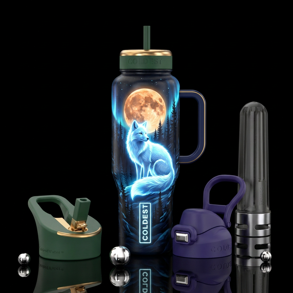 Arctic fox, harvest moon, beautiul, glowie, electr... water bottle design