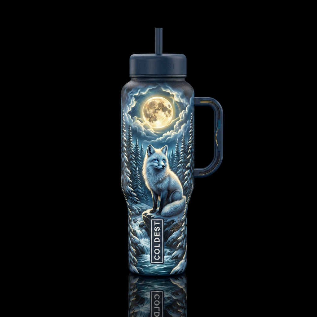 Arctic fox, harvest moon, rushing water, glowie, b... water bottle design