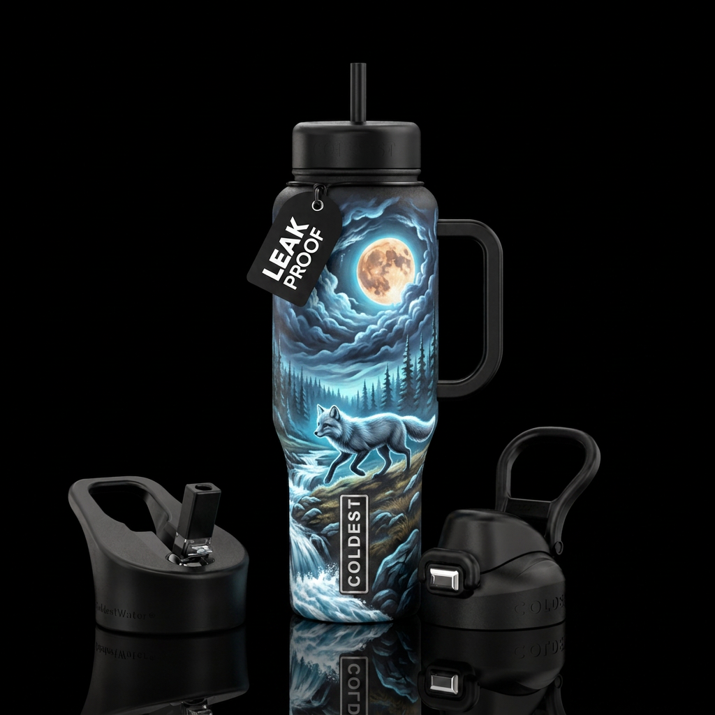 Arctic fox, harvest moon, rushing water, glowie, b... water bottle design