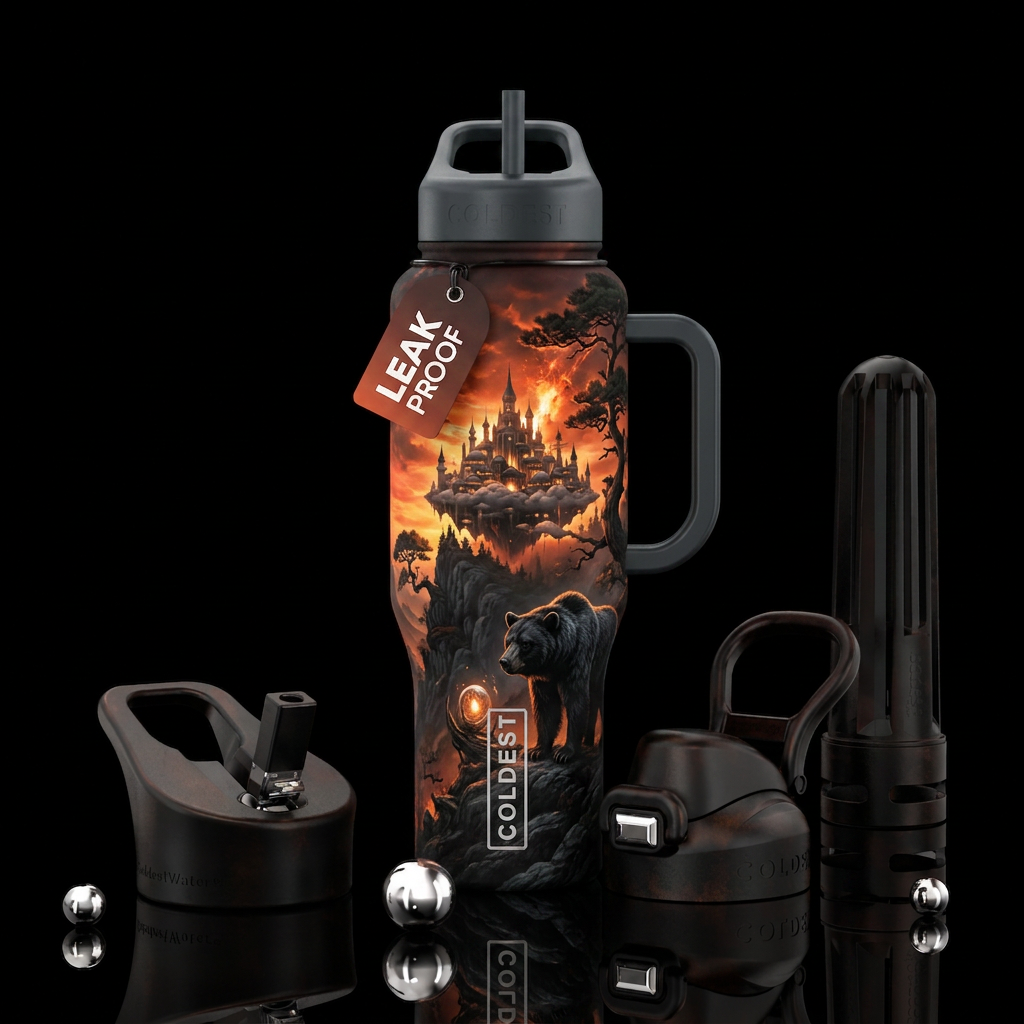heavy metal, cliff, glowie, cloud city, explosive,... water bottle design