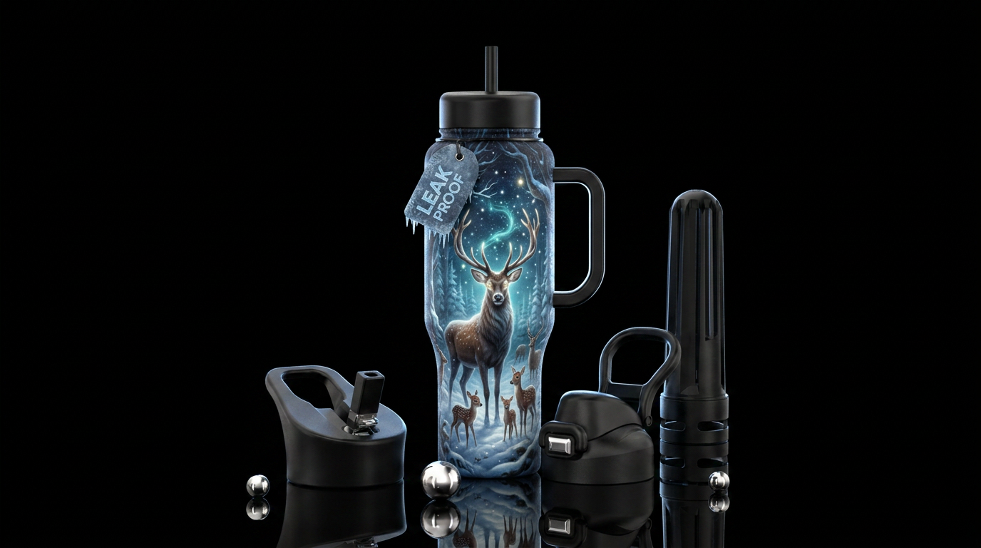 Winter wonderland with a deer, glowie, realism, ma... water bottle design