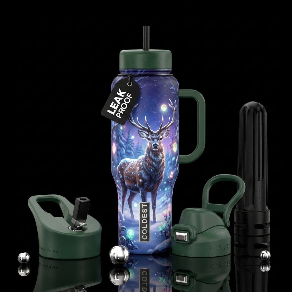 Winter wonderland with a deer, glowie, realism, ma... water bottle design
