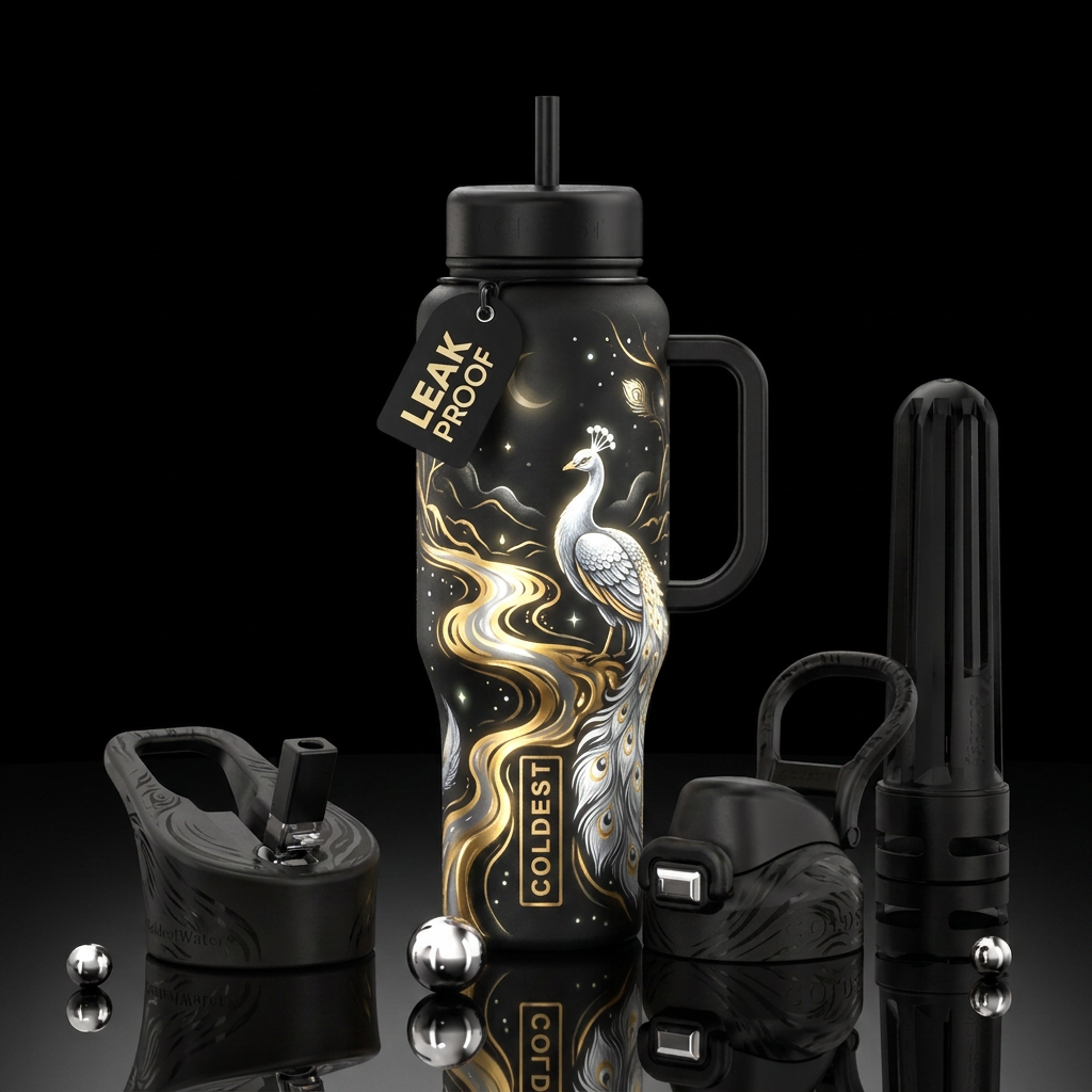 Flowing gold river, silver white peacock, moonlit,... water bottle design