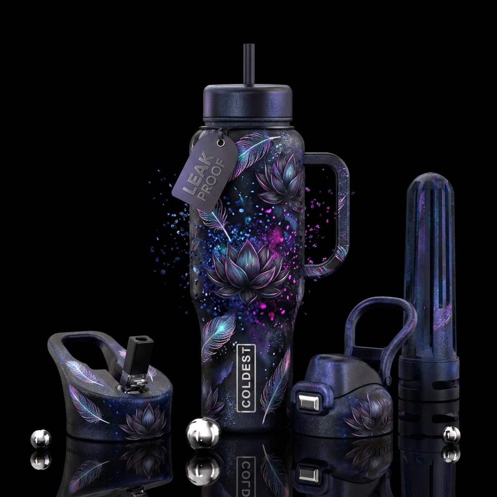 glowie, sparkly, feathers, dark mood, explosive, l... water bottle design