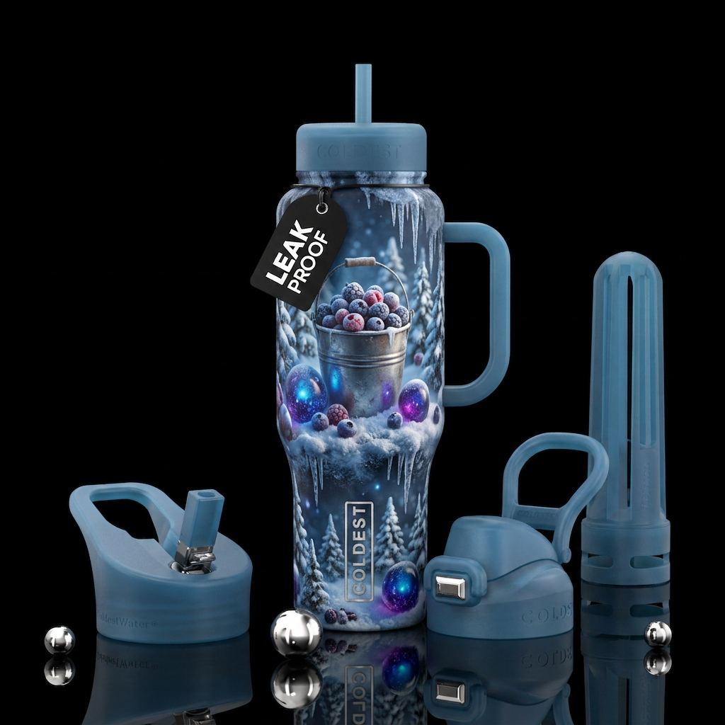 Winter wonderland with a bucket, glowie, realism, ... water bottle design