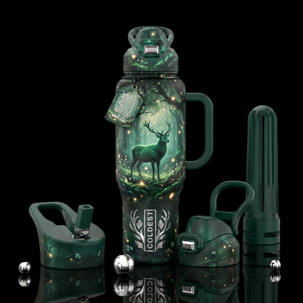 spring bloom, misty forest, emerald, elk, glowie, ... water bottle design