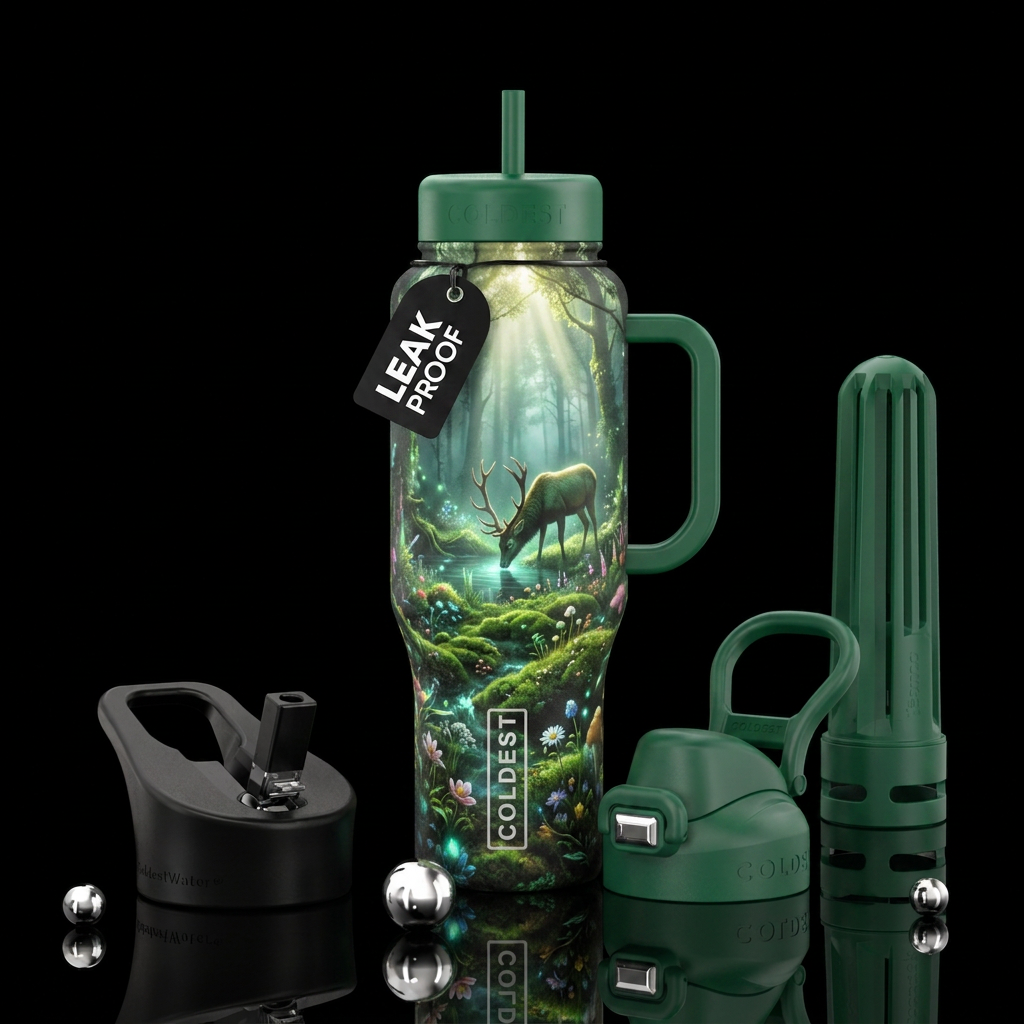 spring bloom, misty forest, emerald, elk, glowie, ... water bottle design