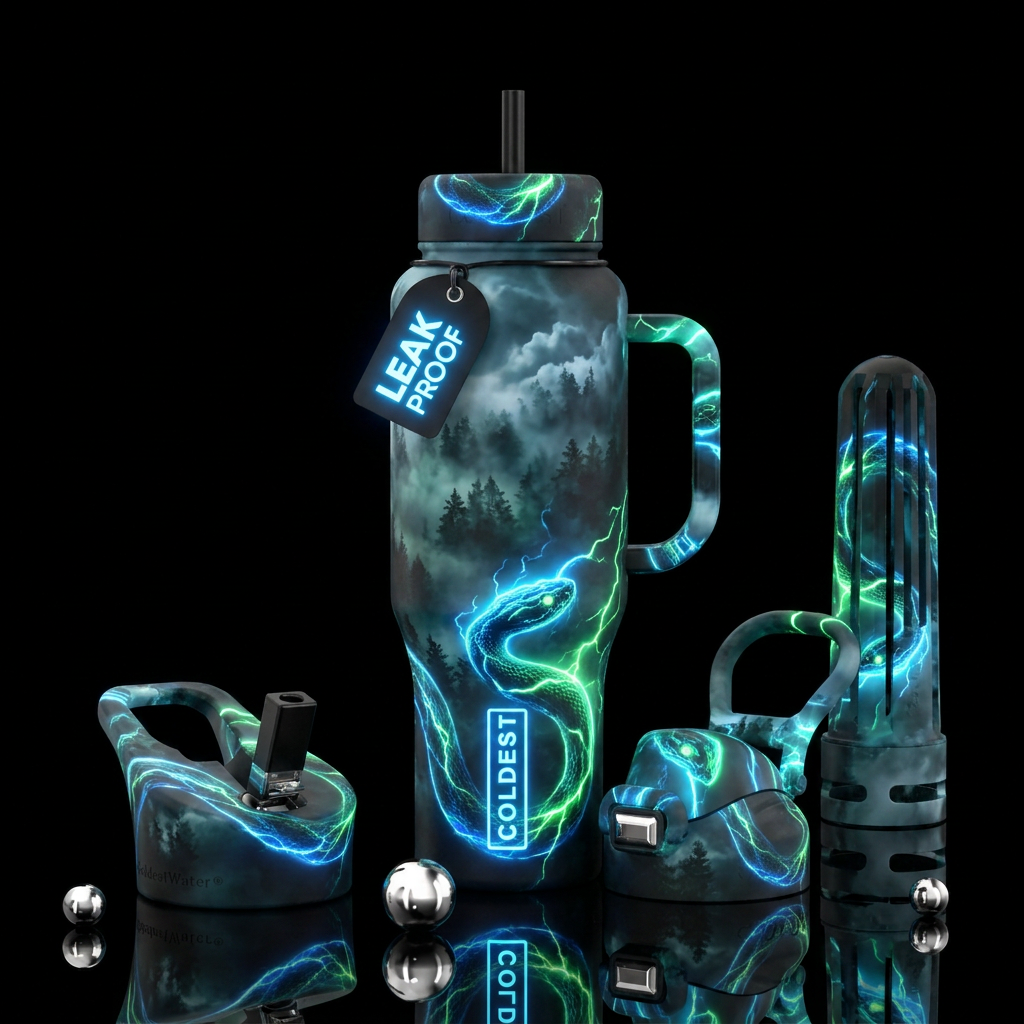 misty forest, cloud, snake, glowie, realism, elect... water bottle design