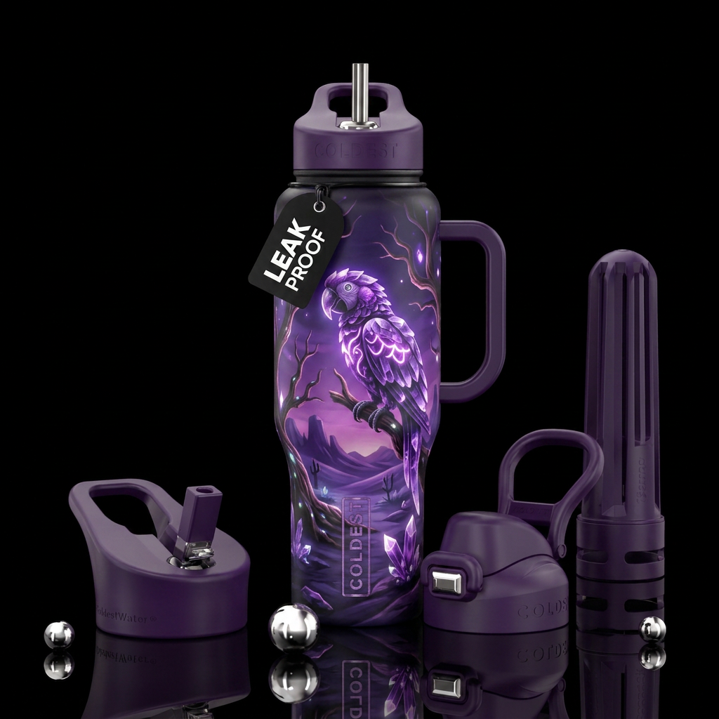parrot, desert, amethyst, glowie, realism, magical... water bottle design