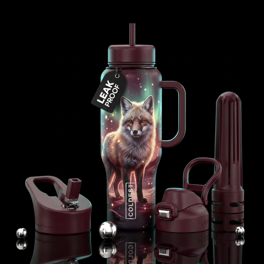 arctic fox, maroon, glowie, shiny, magical, trees,... water bottle design