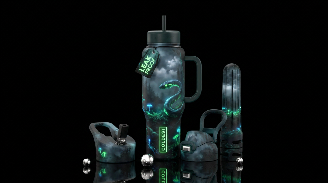 misty forest, cloud, snake, glowie, realism, elect... water bottle design