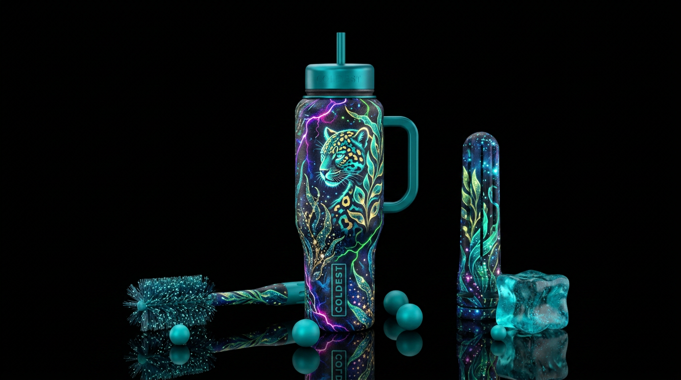 leopard, kelp forest, glowie, magical, realism, el... water bottle design