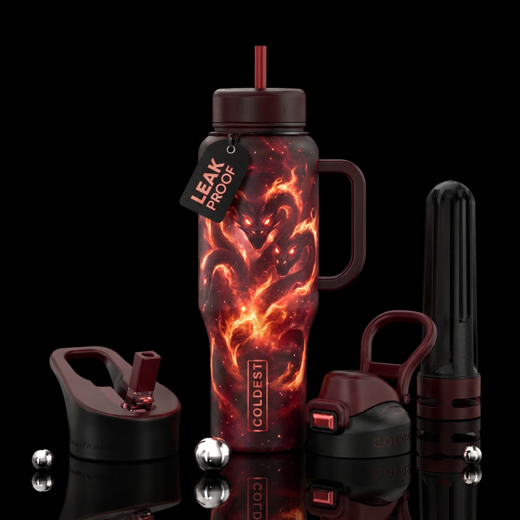 hydra, glowie, crimson, magical, firery, dark mood water bottle design