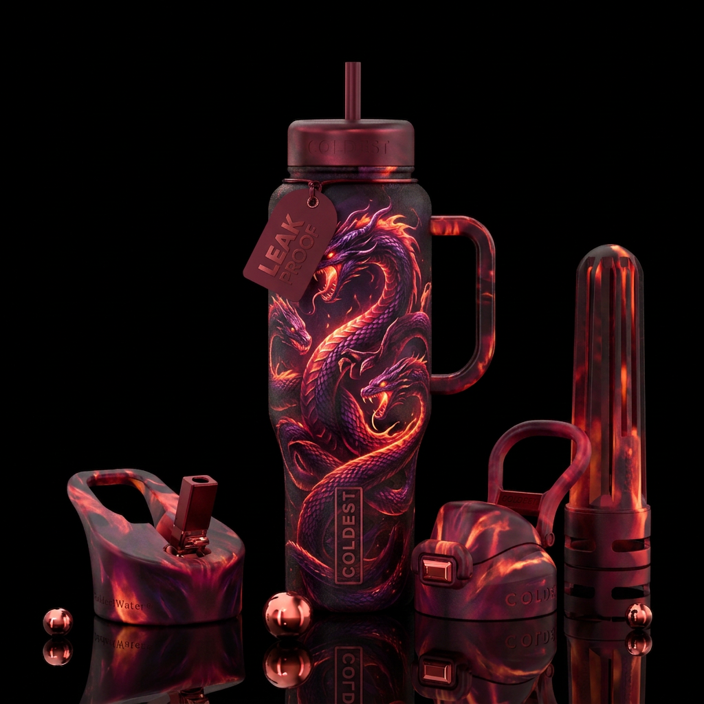 hydra, glowie, crimson, magical, firery, dark mood water bottle design