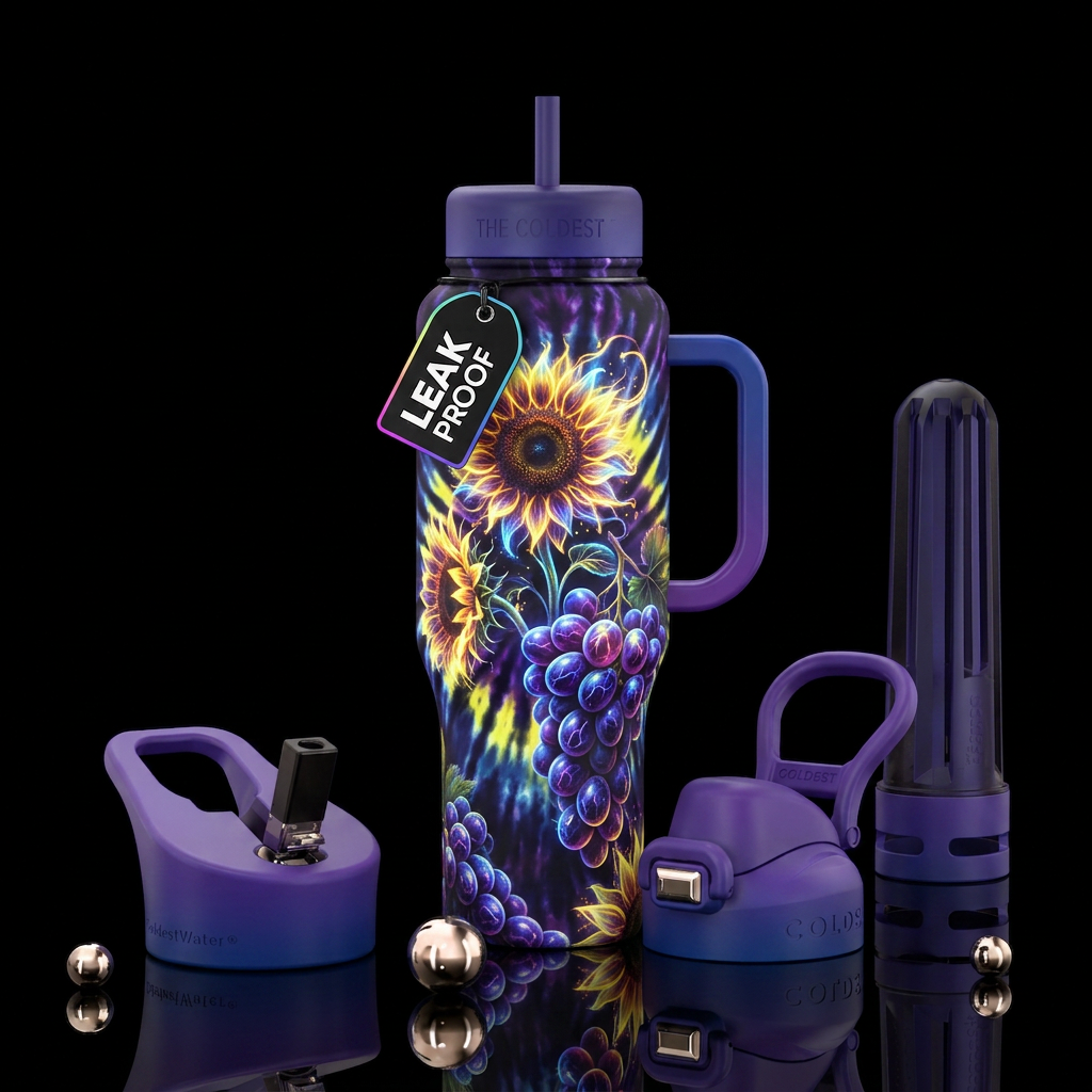 sunflower, tie-dye, grape, realism, glowie, shiny,... water bottle design