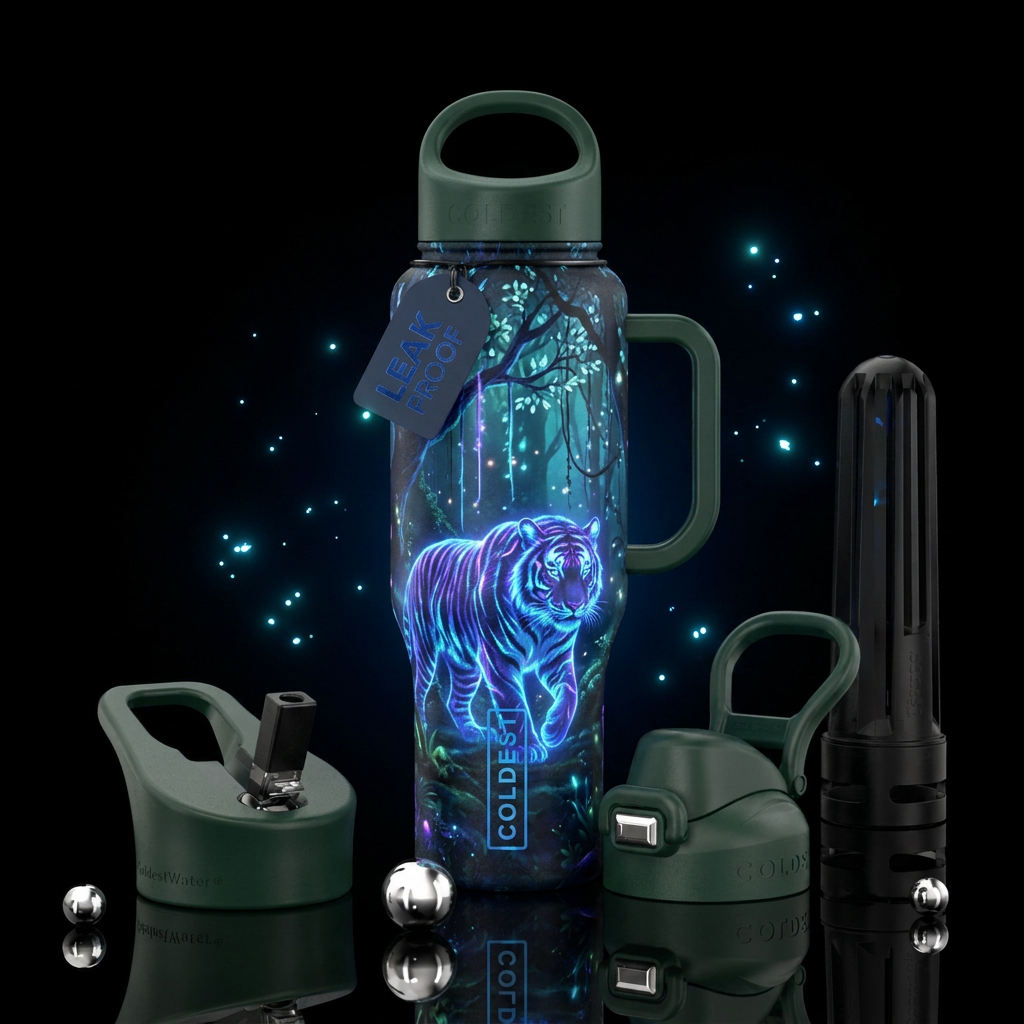tiger, wild, summer vibes, glowie, beautiul, magic... water bottle design