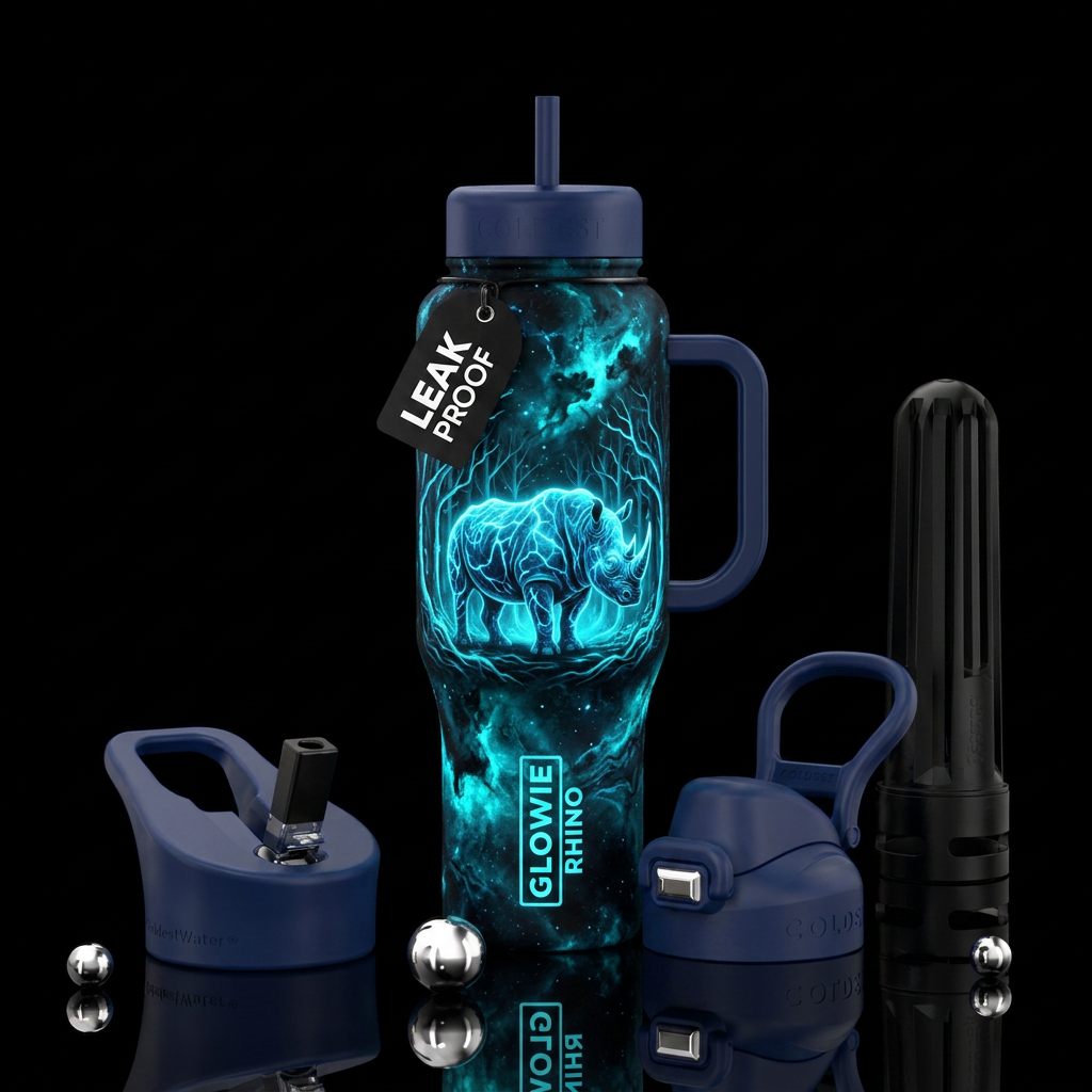 rhino, cyan, marble, glowie, electric, trees, dark... water bottle design