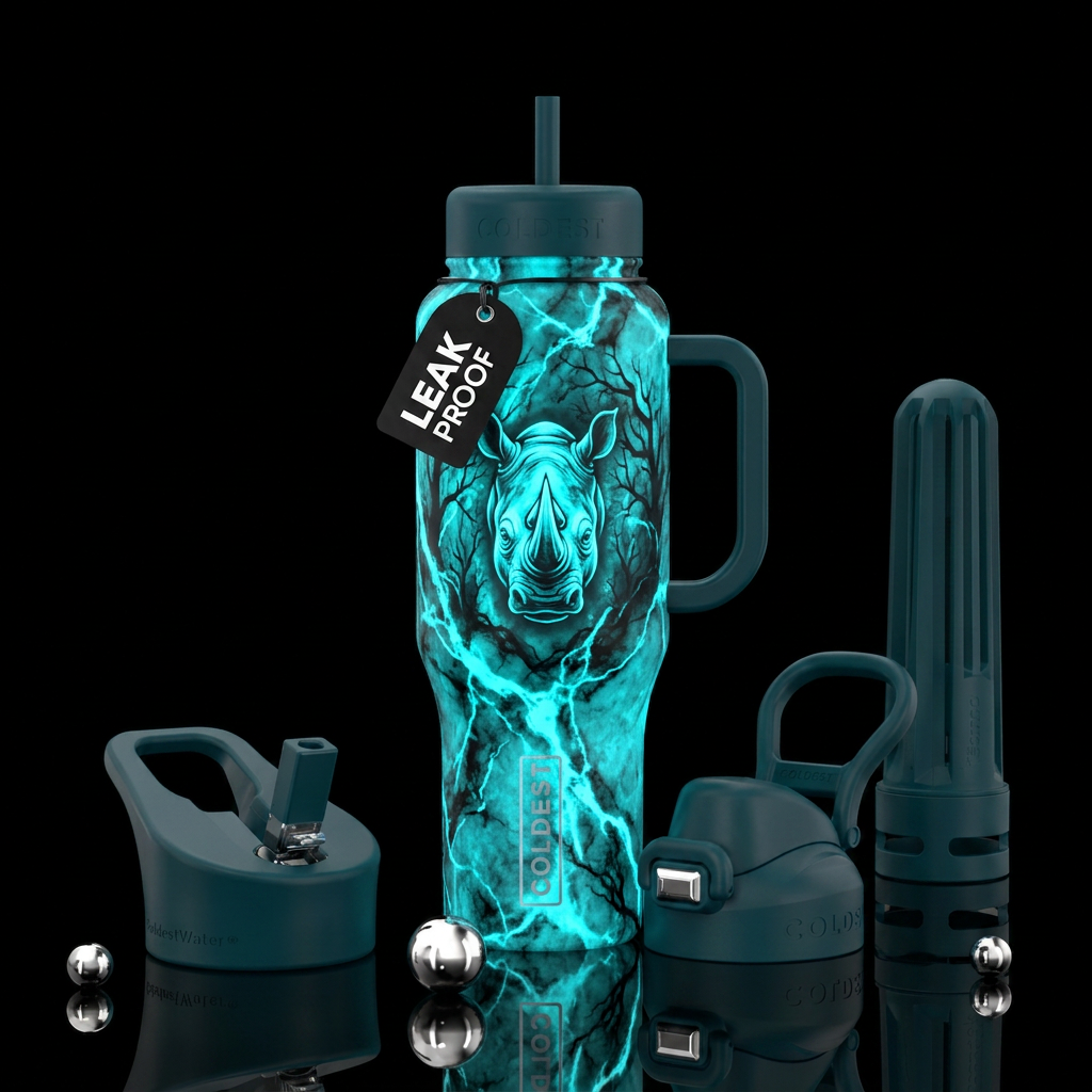 rhino, cyan, marble, glowie, electric, trees, dark... water bottle design