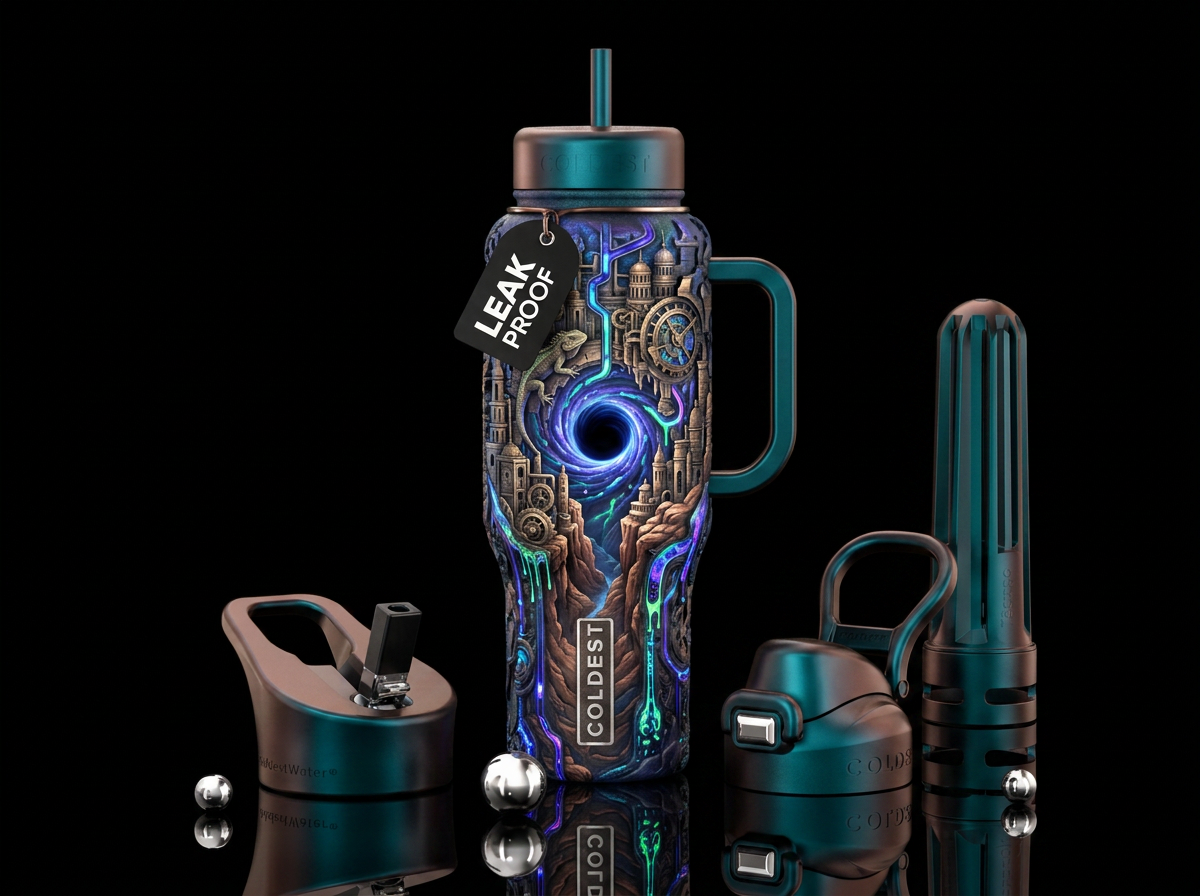 steampunk city, iguana, black hole, canyon, glowie... water bottle design