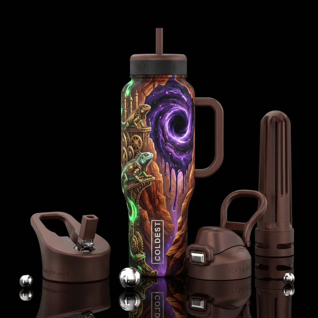 steampunk city, iguana, black hole, canyon, glowie... water bottle design