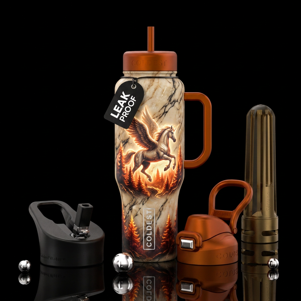pegasus, marble, beige, glowie, magical, trees, fi... water bottle design