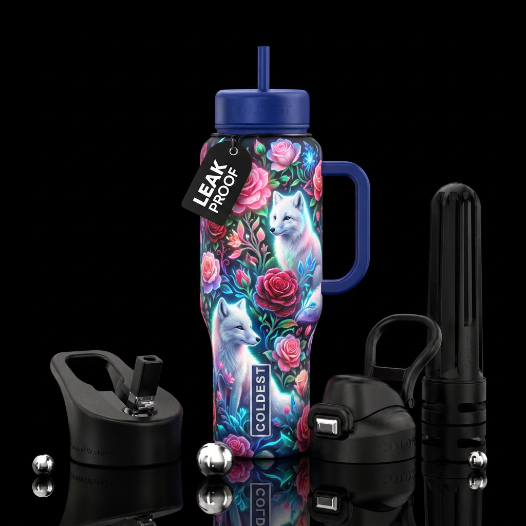 dramatic, rose garden, arctic fox, glowie, vibrant... water bottle design