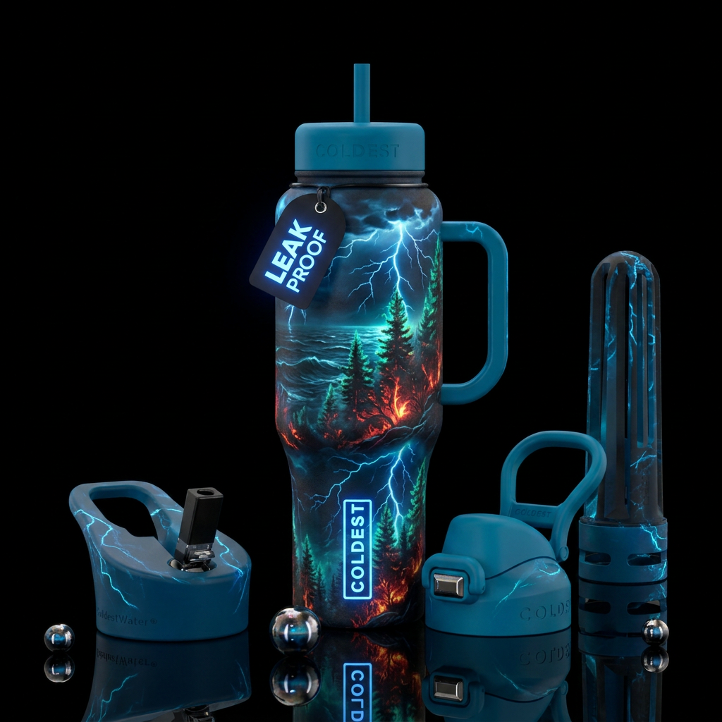 Thunderstorm, glowie, electric, trees, firery, oce... water bottle design