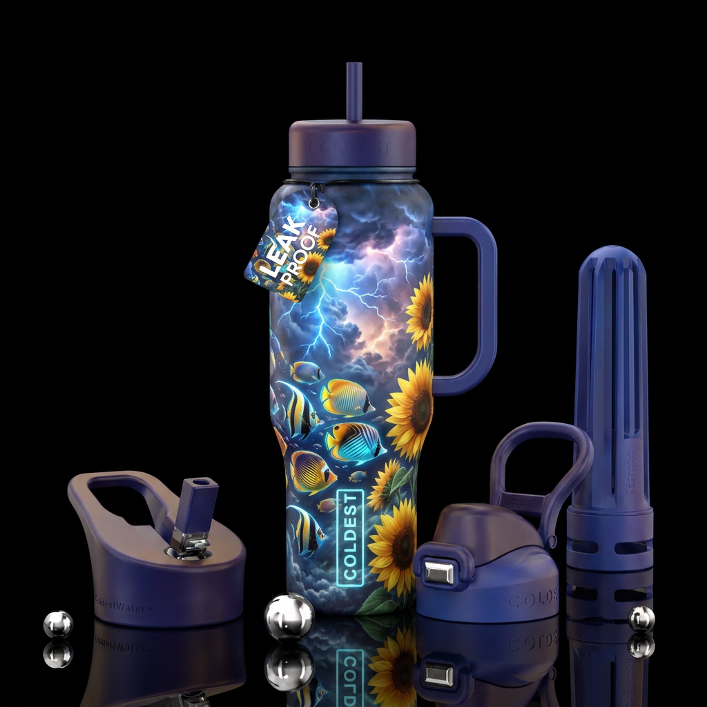 Thunderstorm, glowie, tropical fish, sunflower, re... water bottle design