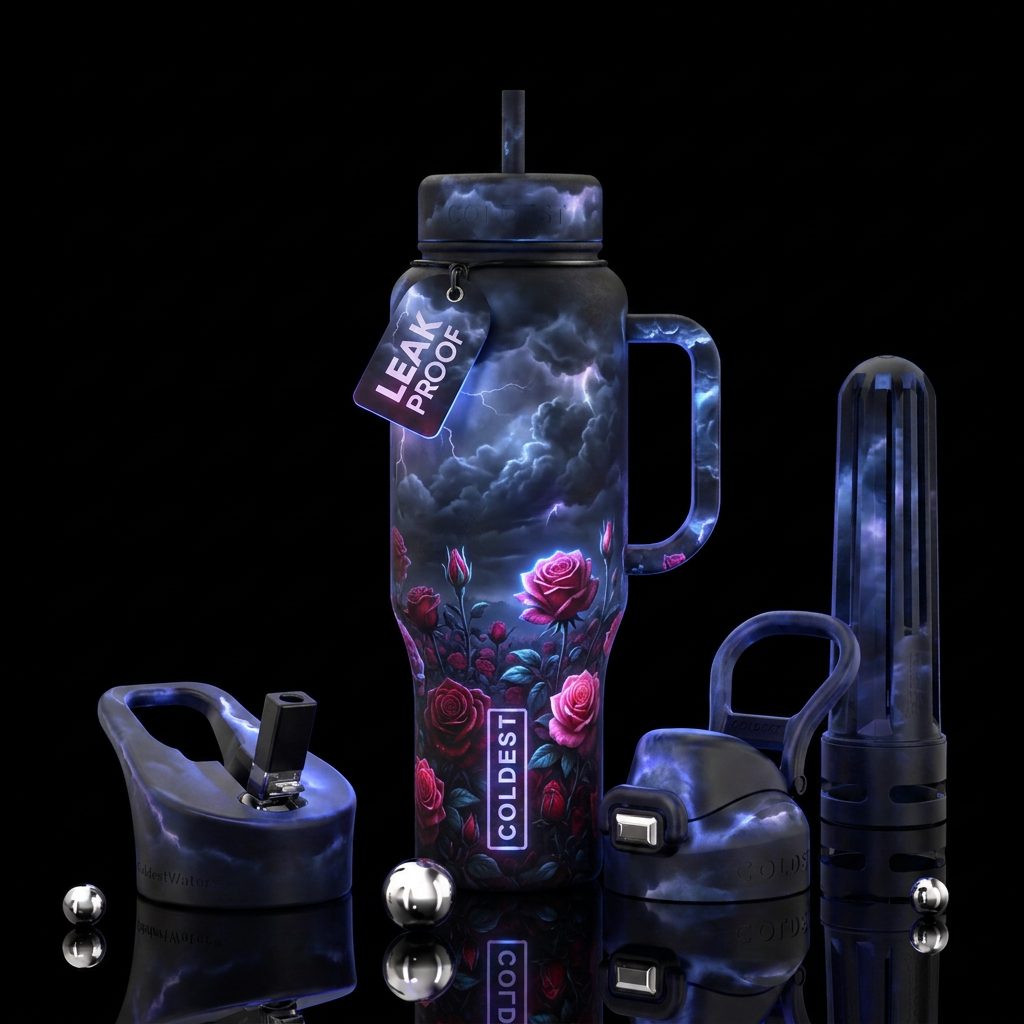 Thunderstorm, rose garden, glowie, realism water bottle design