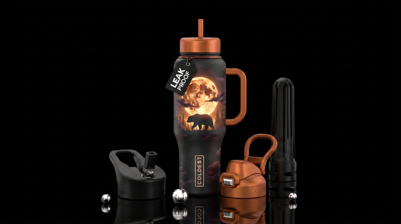 harvest moon, bear, glowie, realism, trees, clouds water bottle design