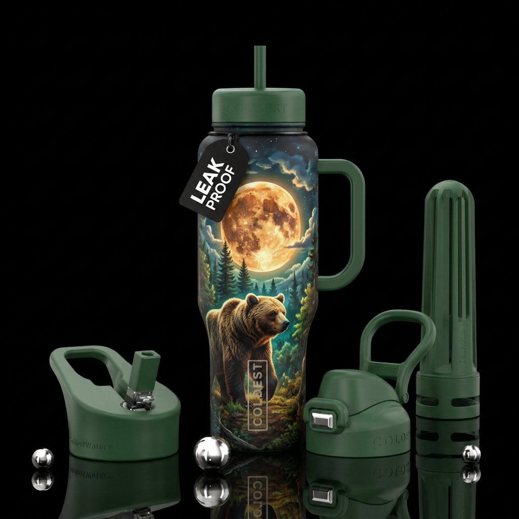 harvest moon, bear, glowie, realism, trees, clouds water bottle design