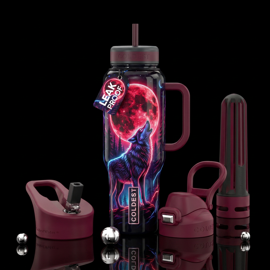 Blood moon, wolf, neon, glowie, trees, realism water bottle design
