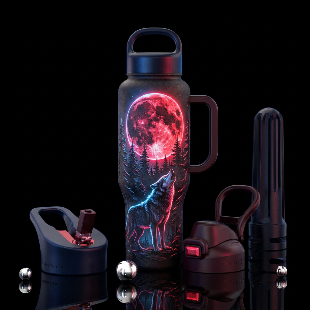 Blood moon, wolf, neon, glowie, trees, realism water bottle design
