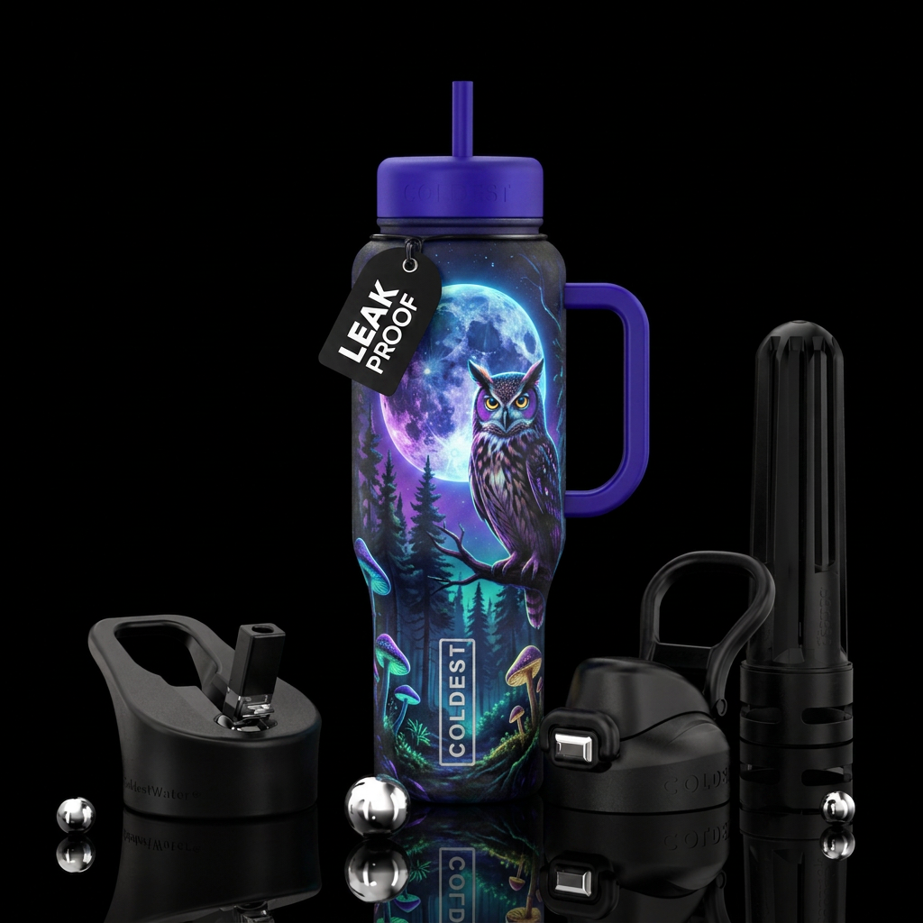 forest, owl, glowie, realism, trees, neon, super m... water bottle design