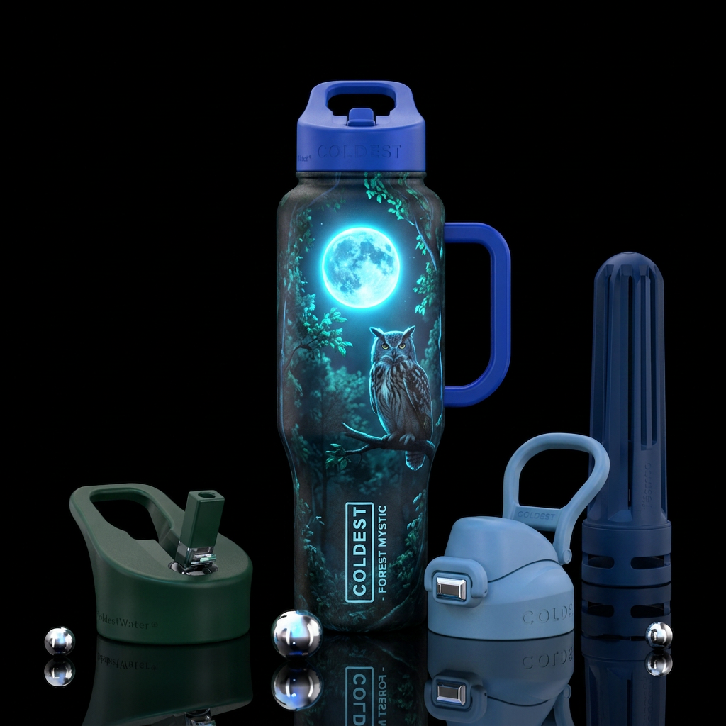 forest, owl, glowie, realism, trees, neon, super m... water bottle design
