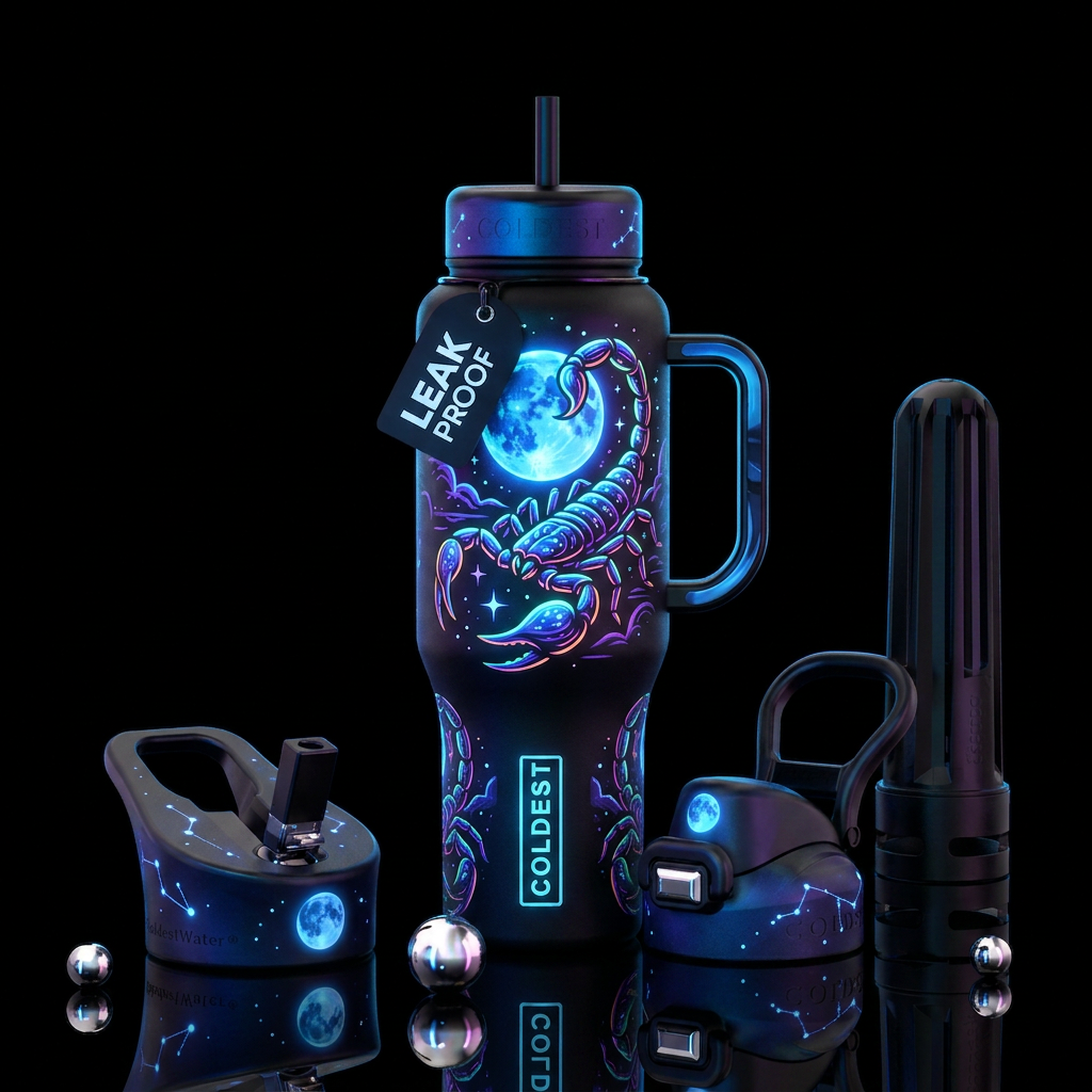 scorpion, glowie, dark mood, neon, blue moon water bottle design