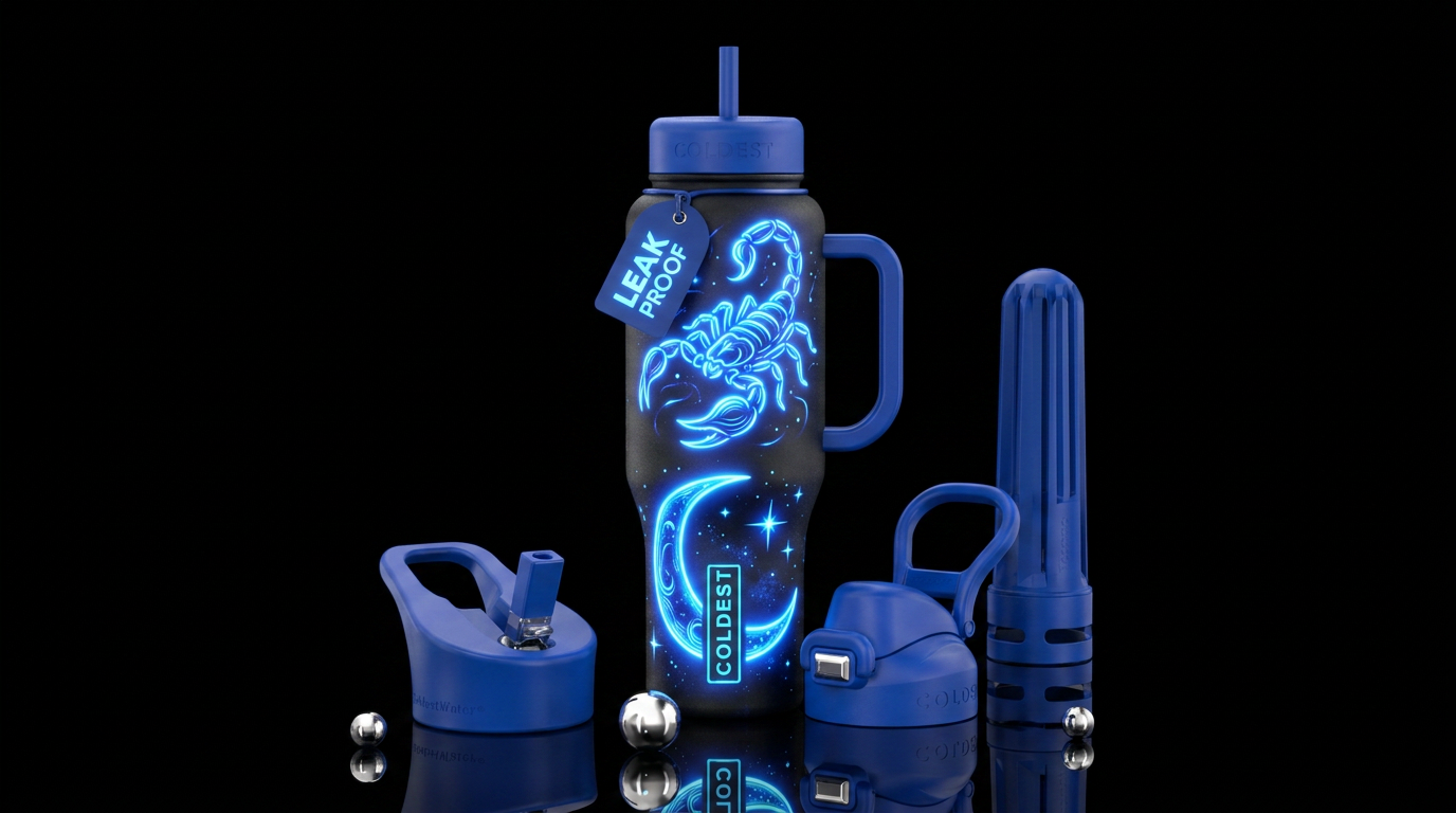 scorpion, glowie, dark mood, neon, blue moon water bottle design