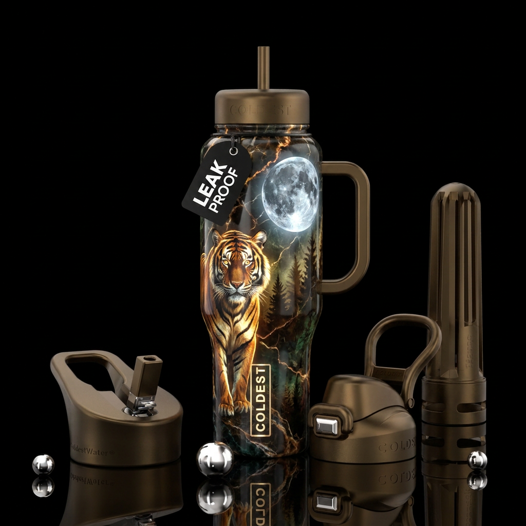 glowie, marble, realism, tiger, buck moon, trees water bottle design