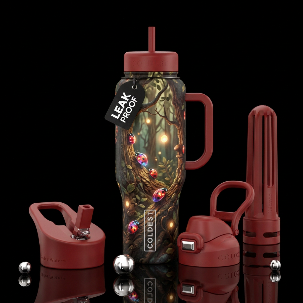 ladybug, elegant, glowie, realism, magical, trees,... water bottle design