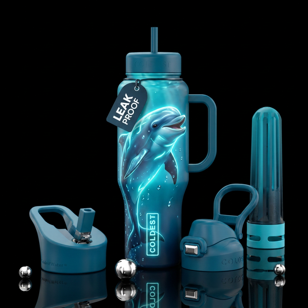 dolphin, glowie, realism, magical, happy mood water bottle design