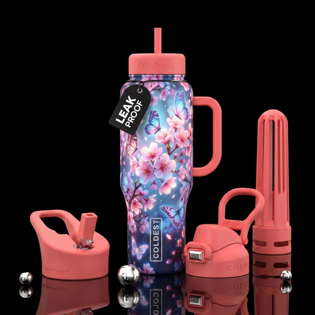cherry blossom season, glowie, magical, realism,  ... water bottle design