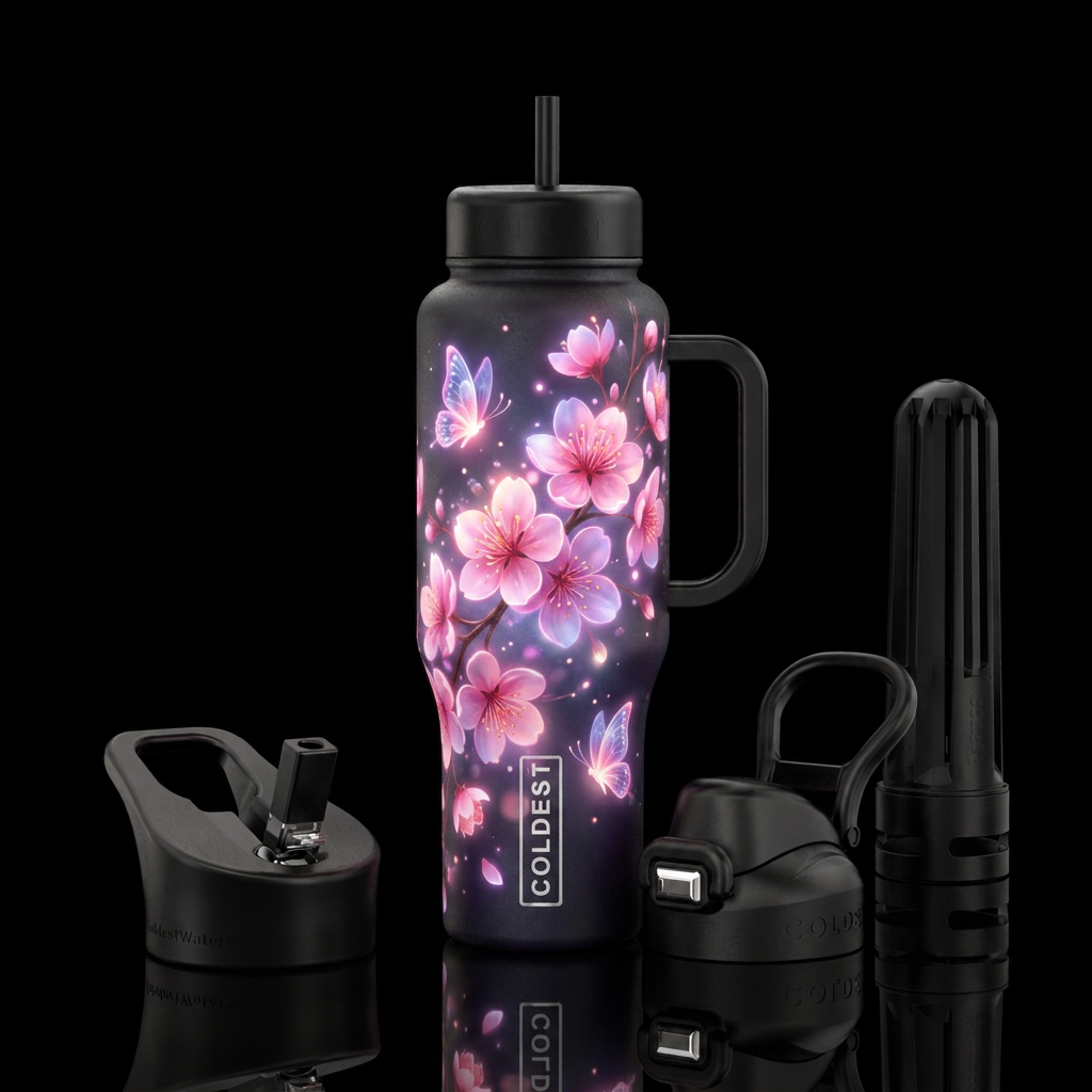 cherry blossom season, glowie, magical, realism,  ... water bottle design