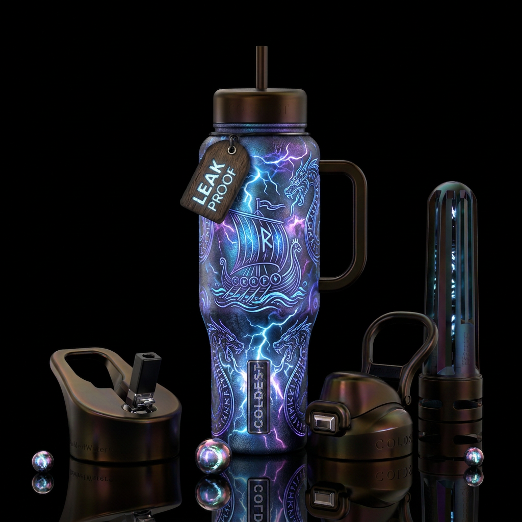 viking, glowie, magical, realism, electric, whimsi... water bottle design
