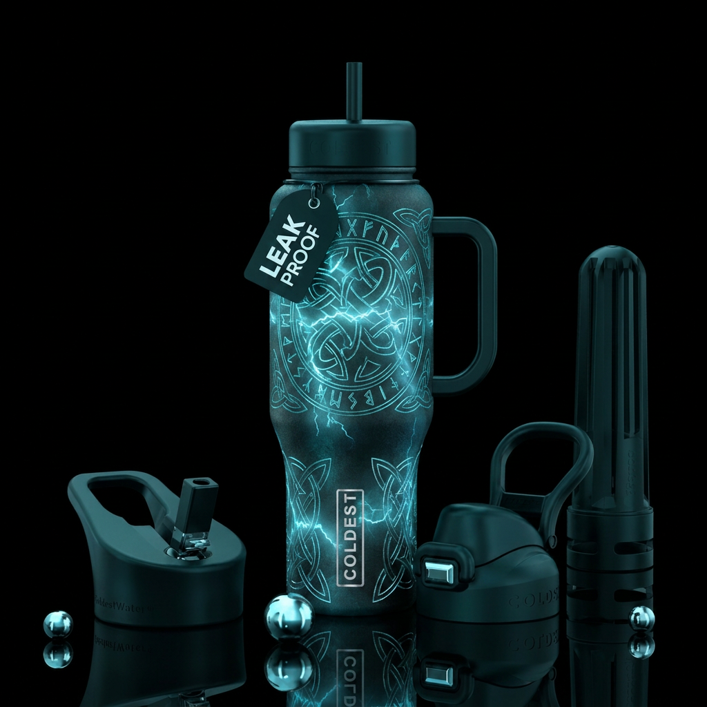 viking, glowie, magical, realism, electric, whimsi... water bottle design