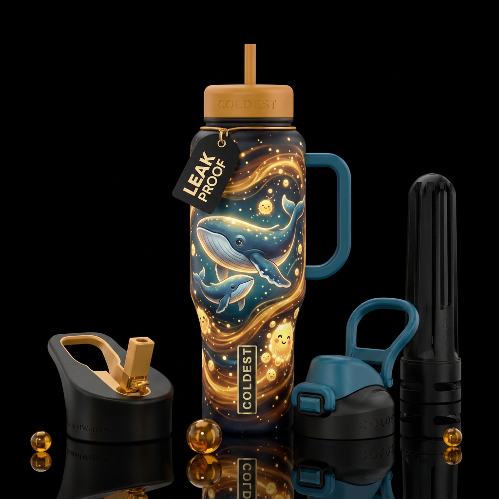 whale, glowie, honey, magical, realism, whimsical,... water bottle design