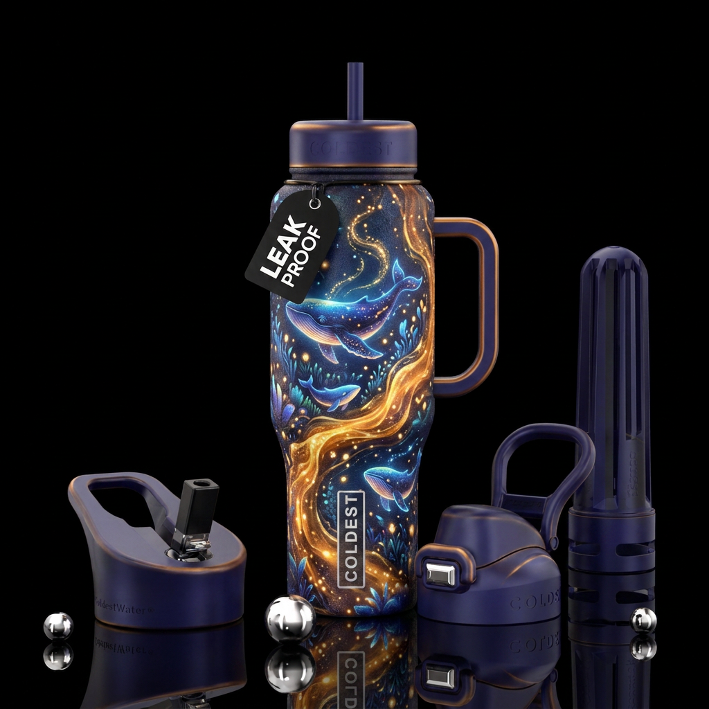 whale, glowie, honey, magical, realism, whimsical,... water bottle design