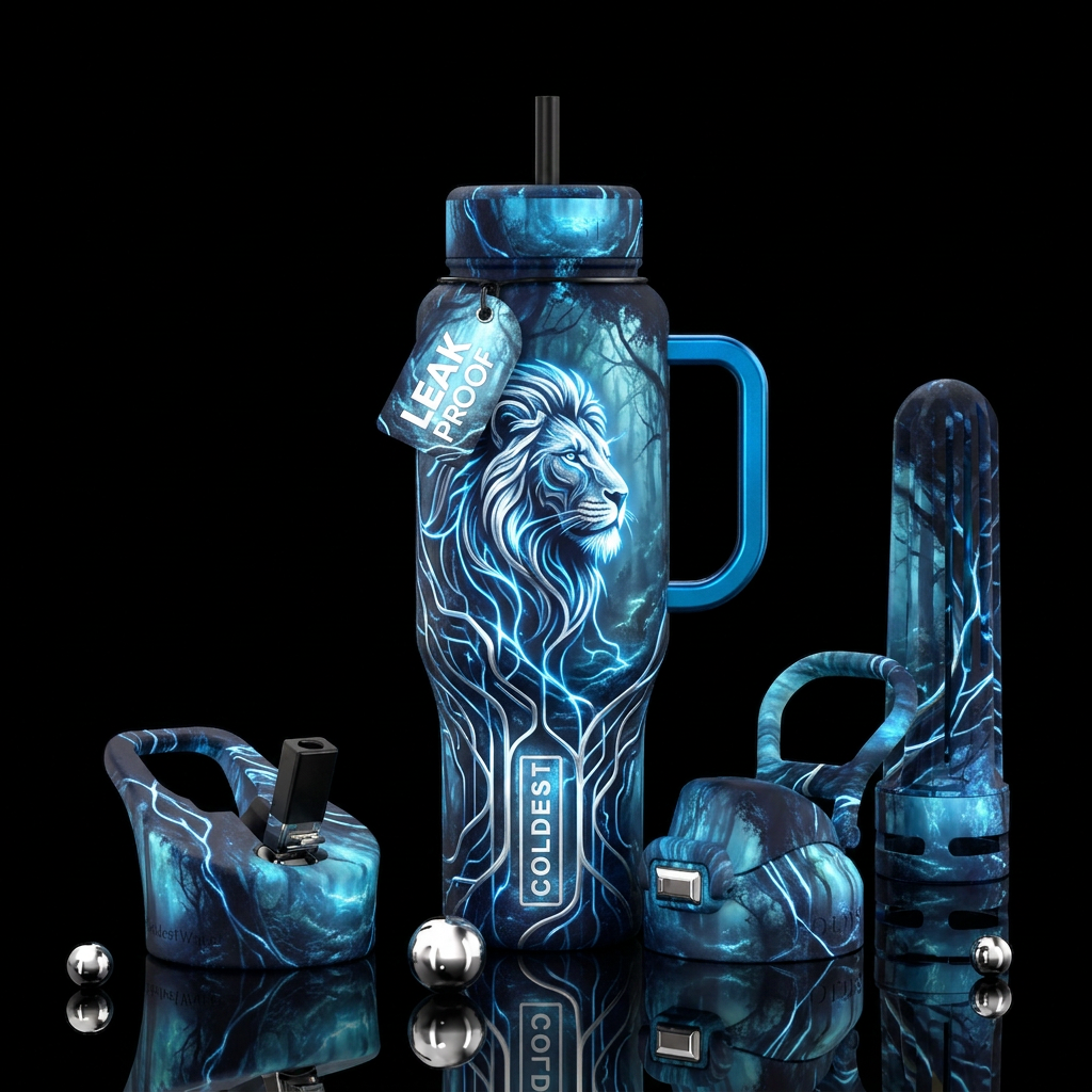 misty forest, silver, lion, glowie, magical, reali... water bottle design