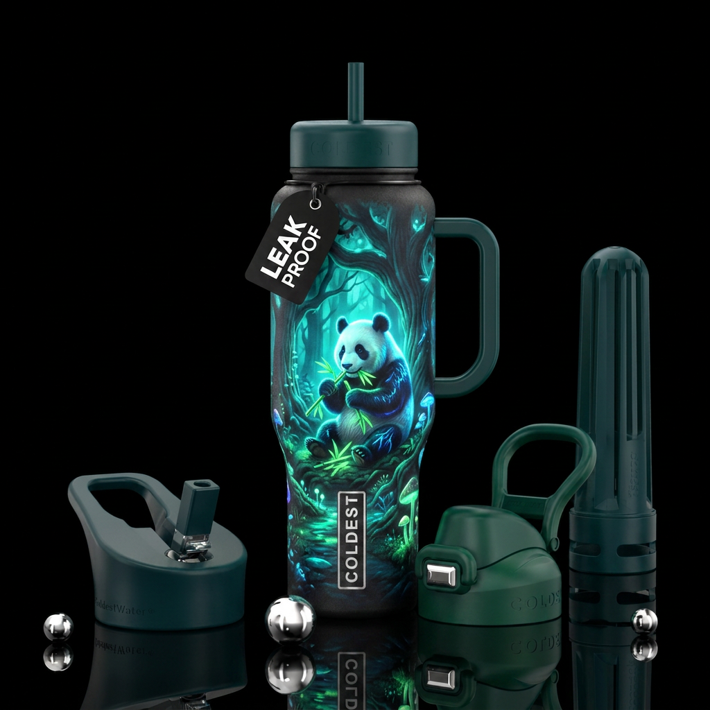 panda, glowie, beautiul, realism, magical, electri... water bottle design