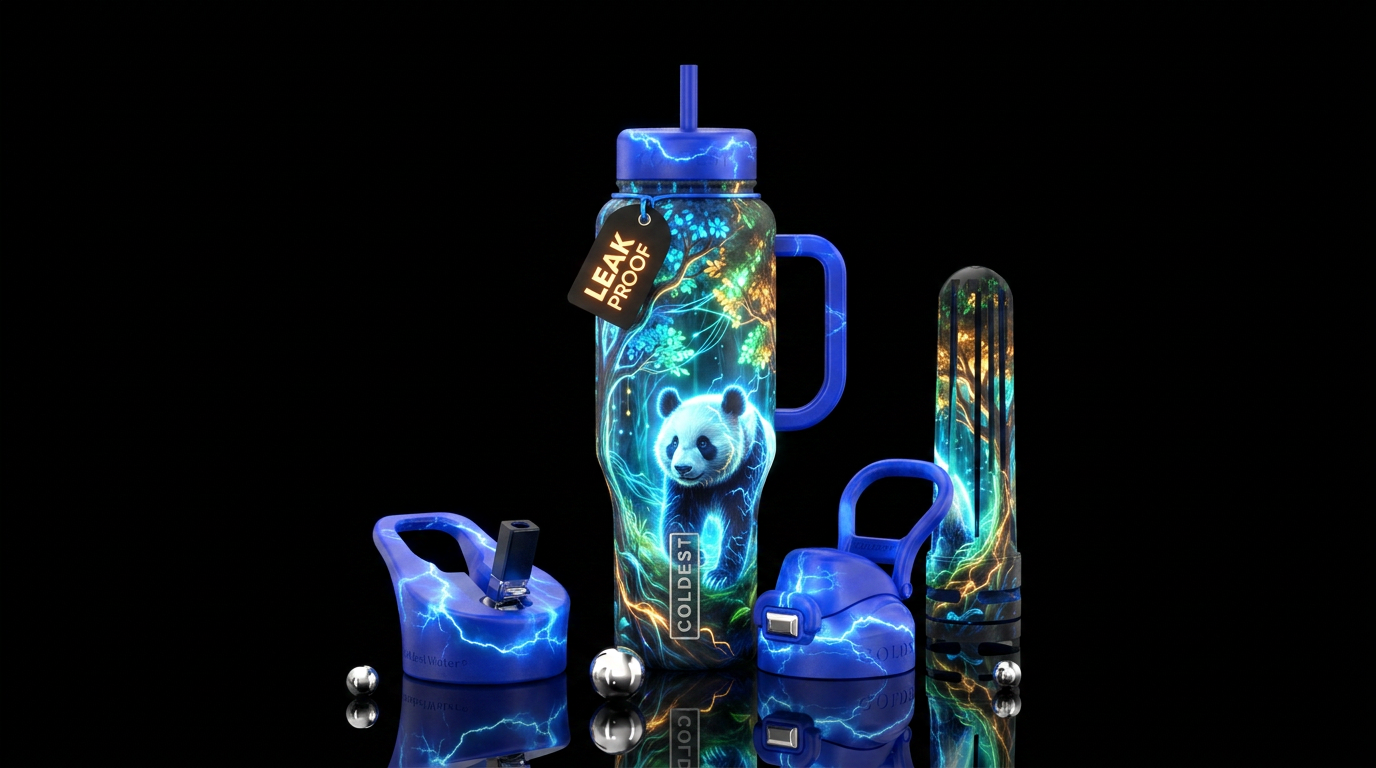 panda, glowie, beautiul, realism, magical, electri... water bottle design